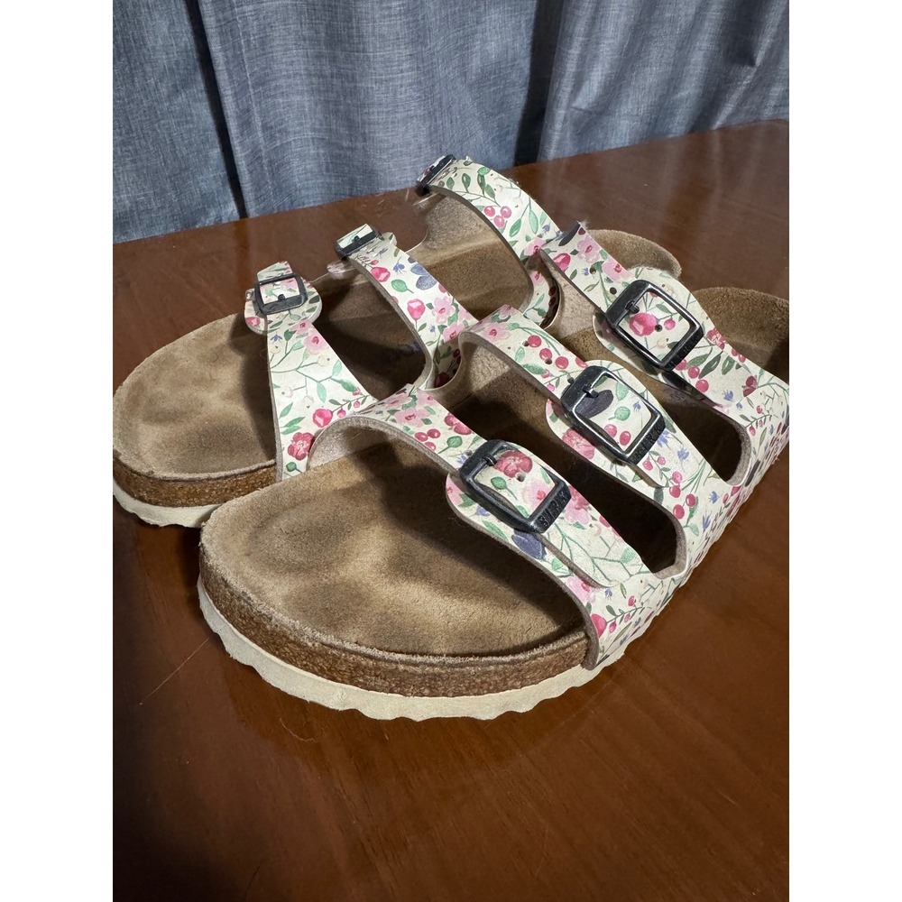 Birkenstock Floral Triple-Strap Sandals in White, Pink & Green